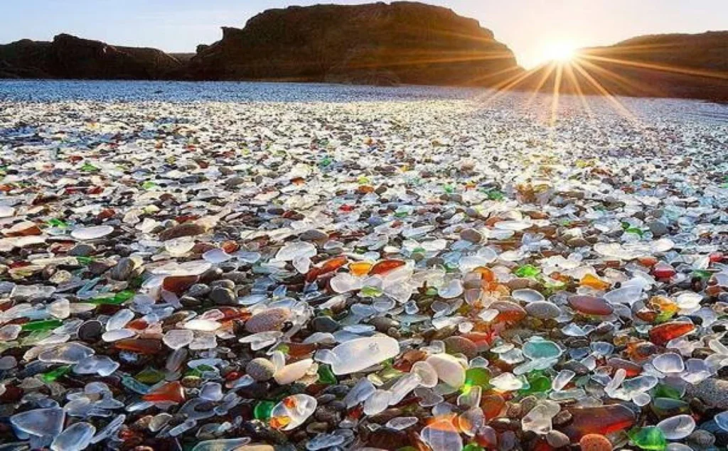 Step onto the sun-kissed shores of Glass Beach in Fort Bragg, California