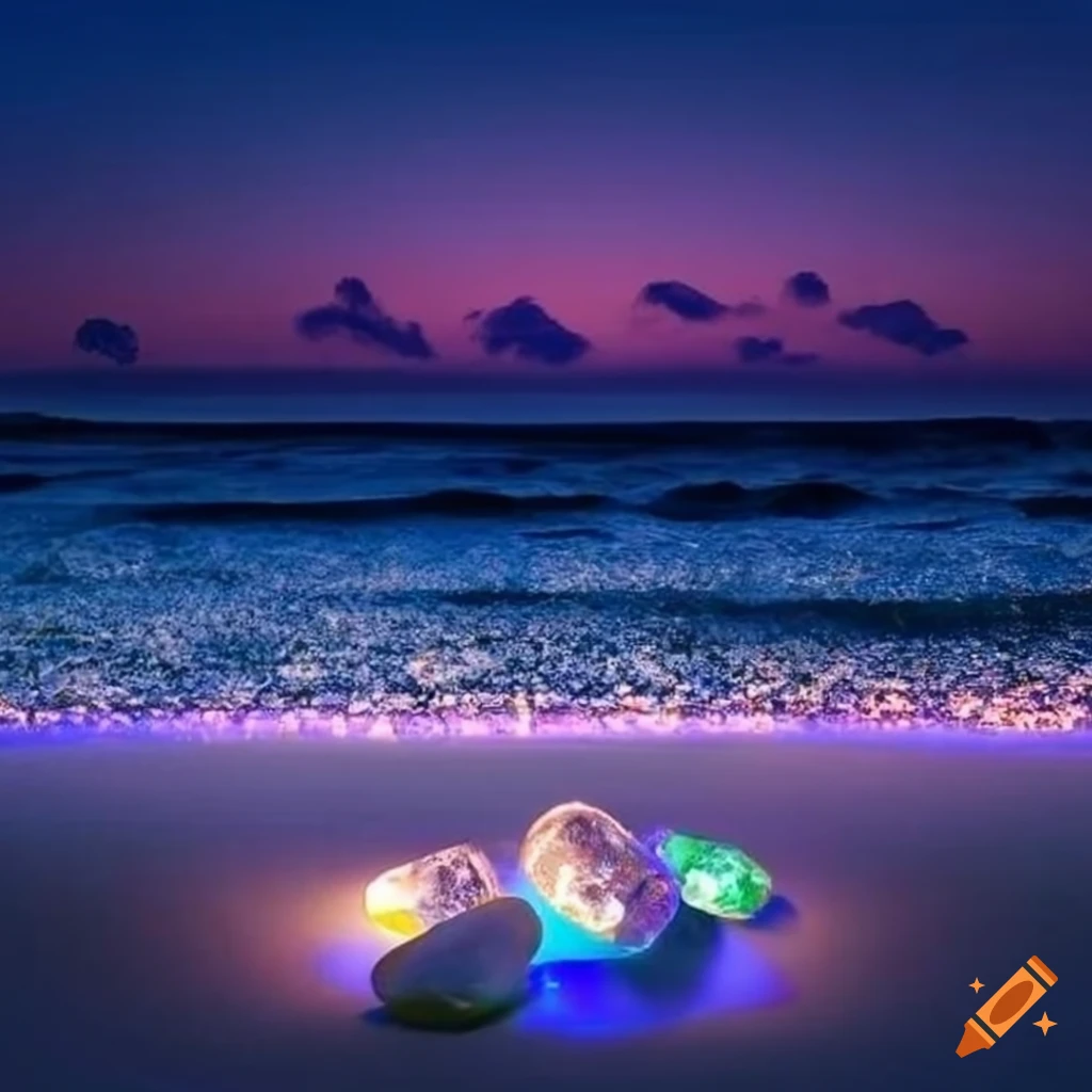 Night view of Glass pebbles scattered along the serene beach of Coddington Cove, Newport, Rhode Island Beach, Serene.
