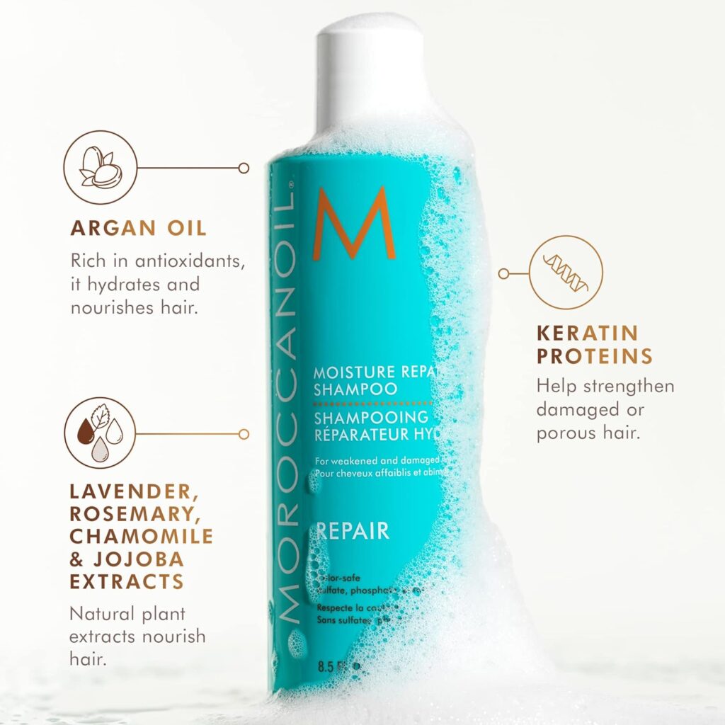 Haircare: Dry hair  hydration with nourishing formulas like Moroccanoil's Moisture Renew Shampoo and Conditioner