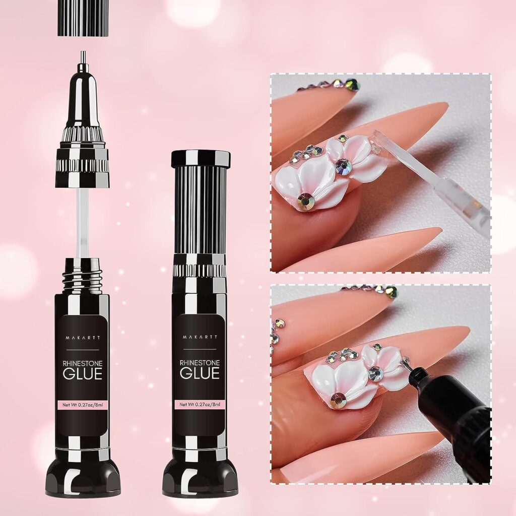 Makartt Nail Rhinestone Glue Gel! This upgraded gel nail glue with a brush and pen tip ensures super strong adhesive precision for attaching nail charms, crystals, rhinestones, beads, and 3D Valentine's Day decorations.