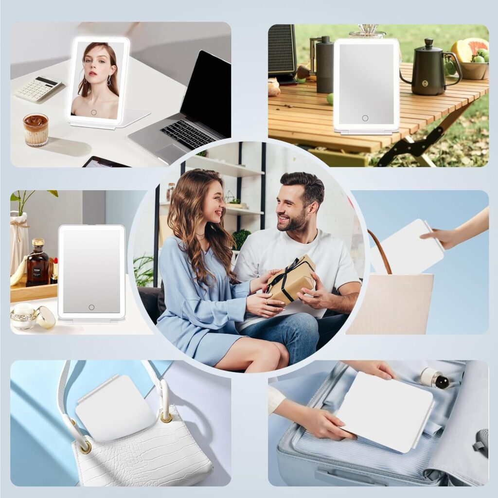 FUNTOUCH Rechargeable Travel Makeup Mirror with 72 Led Lights, Portable Lighted Beauty Mirror, 3 Color Lighting, Dimmable Touch Screen, Tabletop LED Folding Cosmetic Vanity Mirror