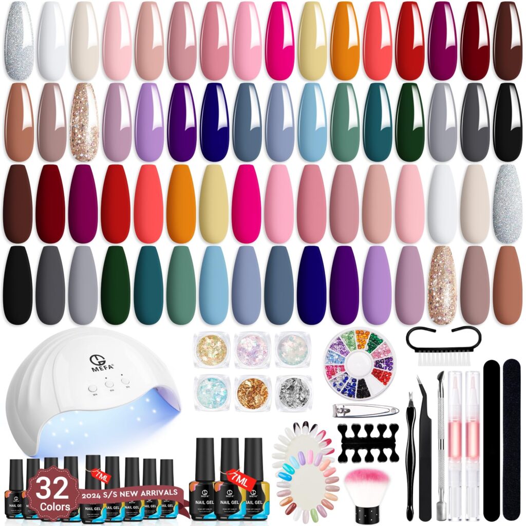 MEFA Gel Nail Polish Kit with UV Light, now a tempting 38% off! This all-inclusive set boasts 56 pieces of everything you need to transform your nails into dazzling works of art from the comfort of your home.