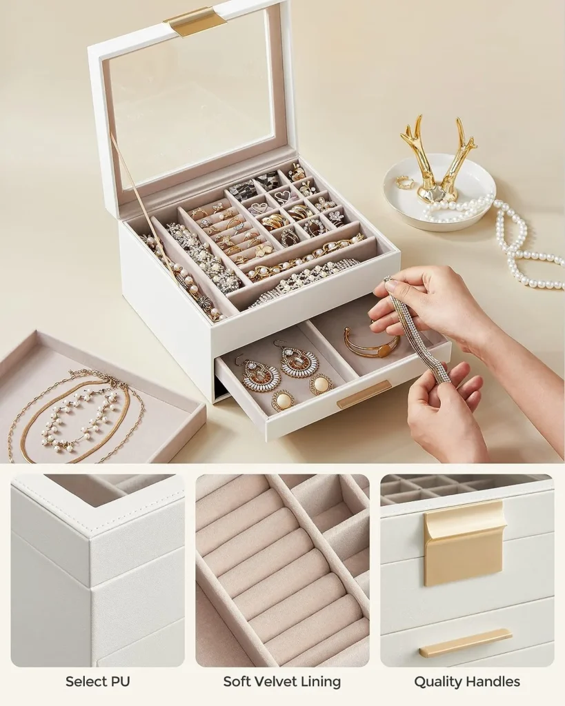 SONGMICS 3-Layer Jewelry Box in Cloud White and Gold . Best space saving Jewelry Organizer