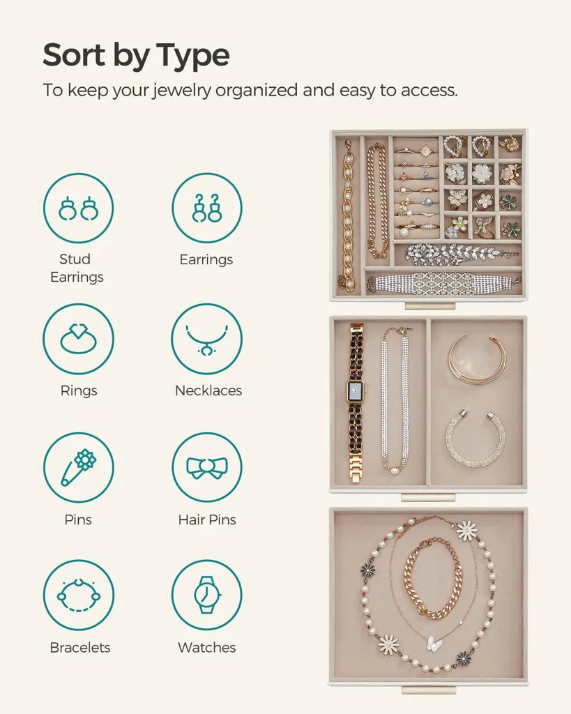 SONGMICS 3-Layer Jewelry Organizer in Cloud White and Gold . Best space saving Jewelry Organizer
