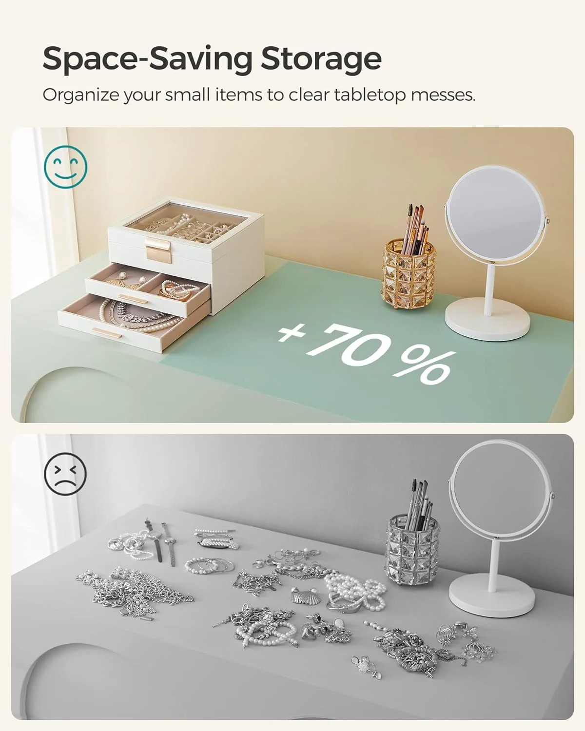 SONGMICS 3-Layer Jewelry Organizer in Cloud White and Gold . Best space saving Jewelry Organizer