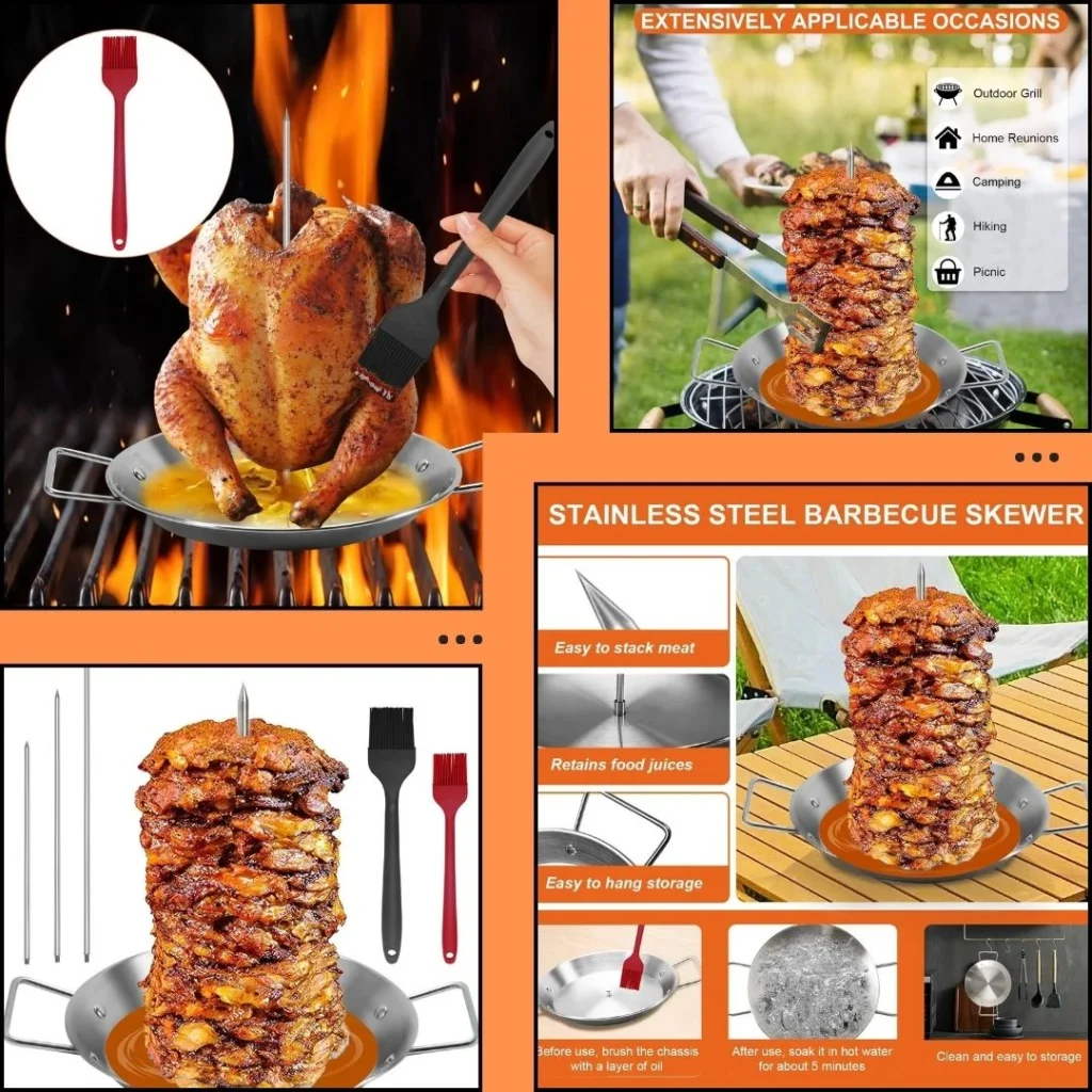 Vertical skewers stand upright on the grill, allowing for even heat distribution and self-basting.