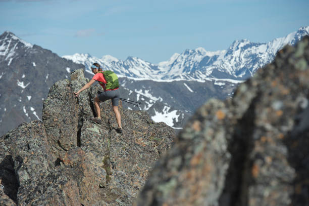 Adventurers explore the rugged beauty of the Flattop Ridge in Chugach State Park. This four-mile trek, passing Flattop Mountain, Peak 2, Peak 3, and Flaketop on the way to Ptarmigan Pass, is a beloved local hike and running trail.