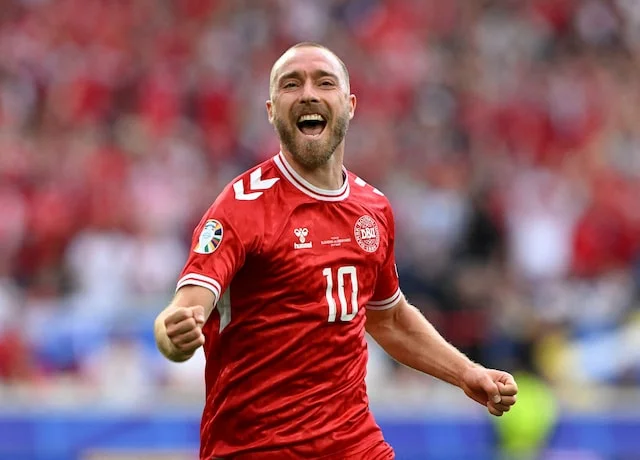  Denmark's Christian Eriksen celebrates scoring their first goal