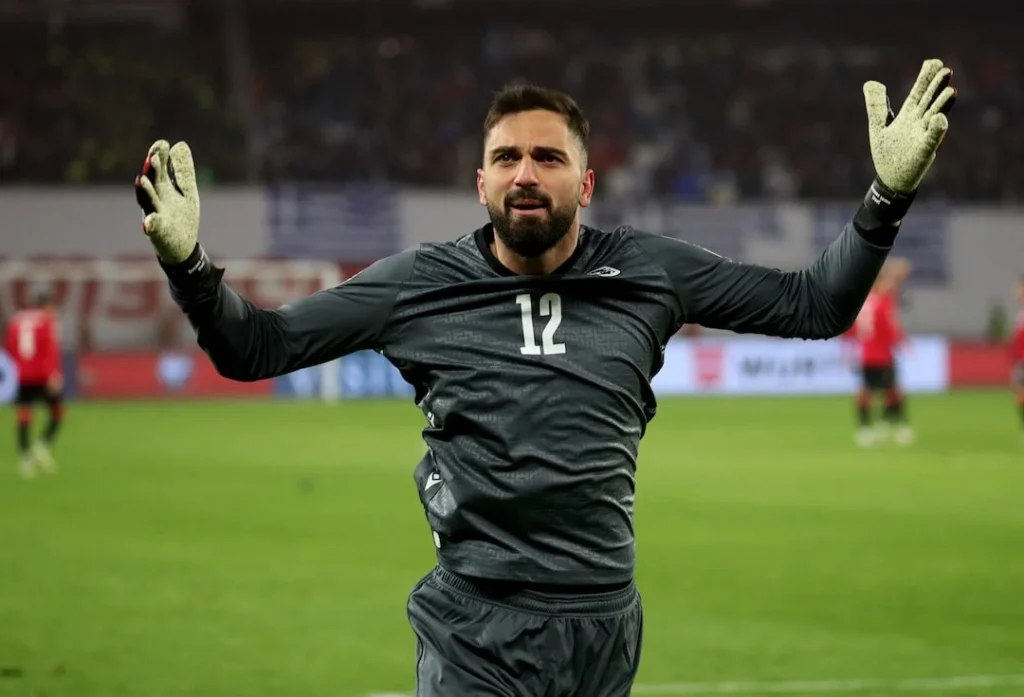 Georgia's Giorgi Mamardashvili celebrates during the penalty shootout 