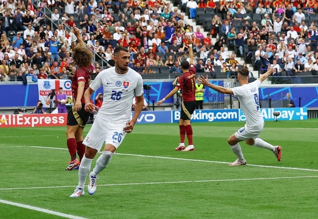 Slovakia's Ivan Schranz reacts after he scores their first goal 