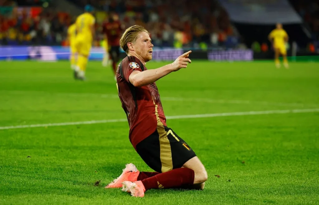 Belgium's Kevin De Bruyne celebrates scoring their second goal 