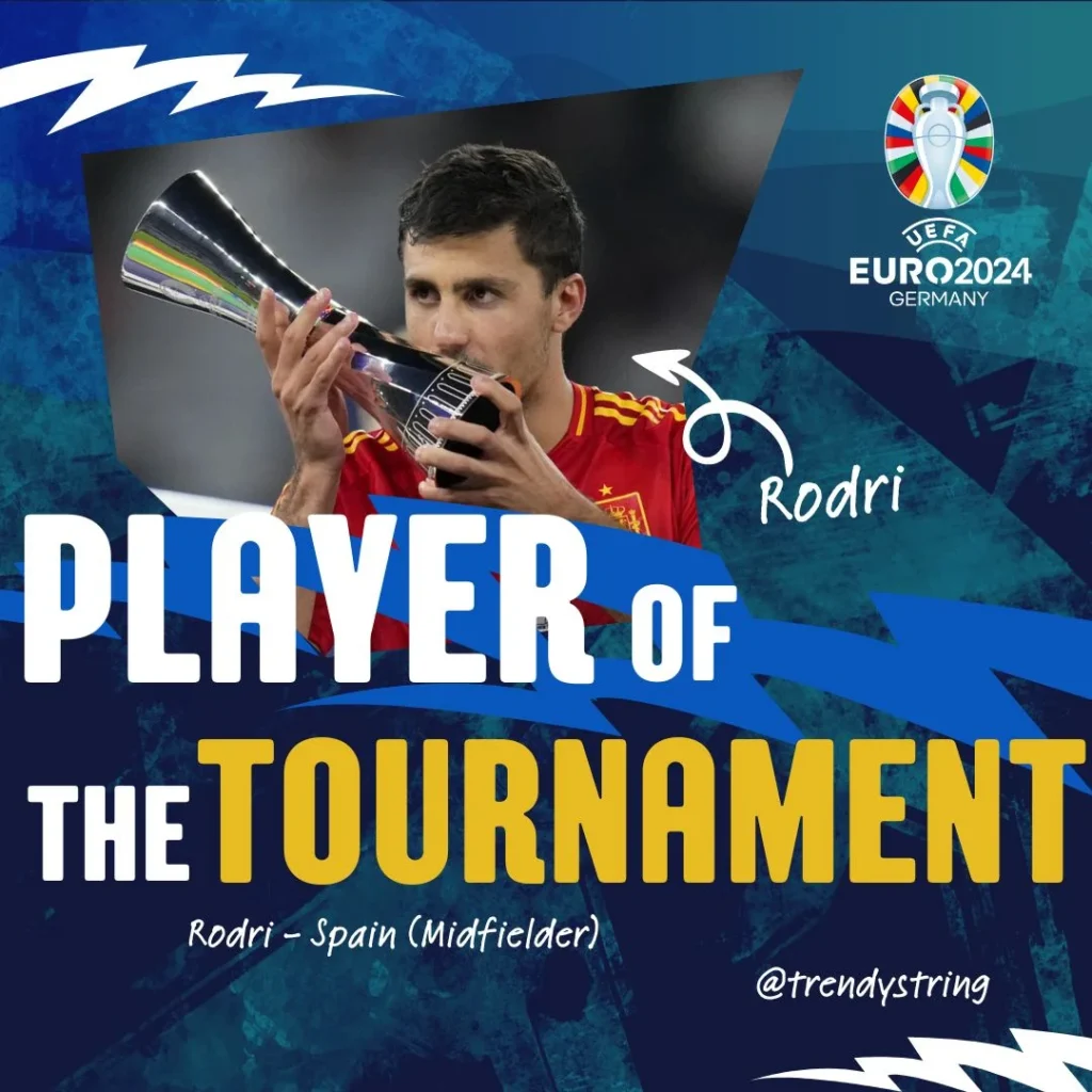 Spain's rodri kisses his player of the tournament trophy after final with England in Euro 2024 tournament