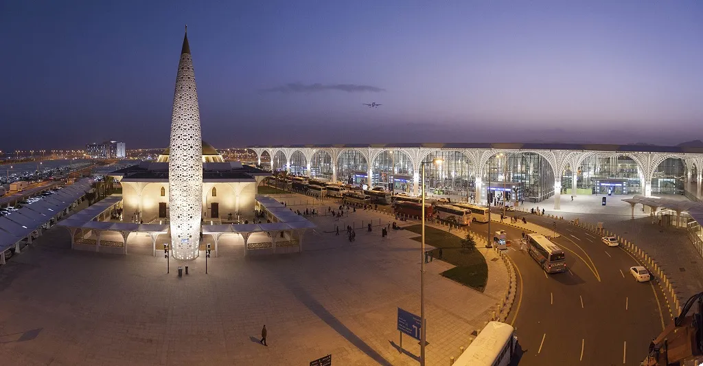 Exterior of Prince Mohammad Bin Abdulaziz International Airport in Medina, designed with Islamic architecture for religious travelers