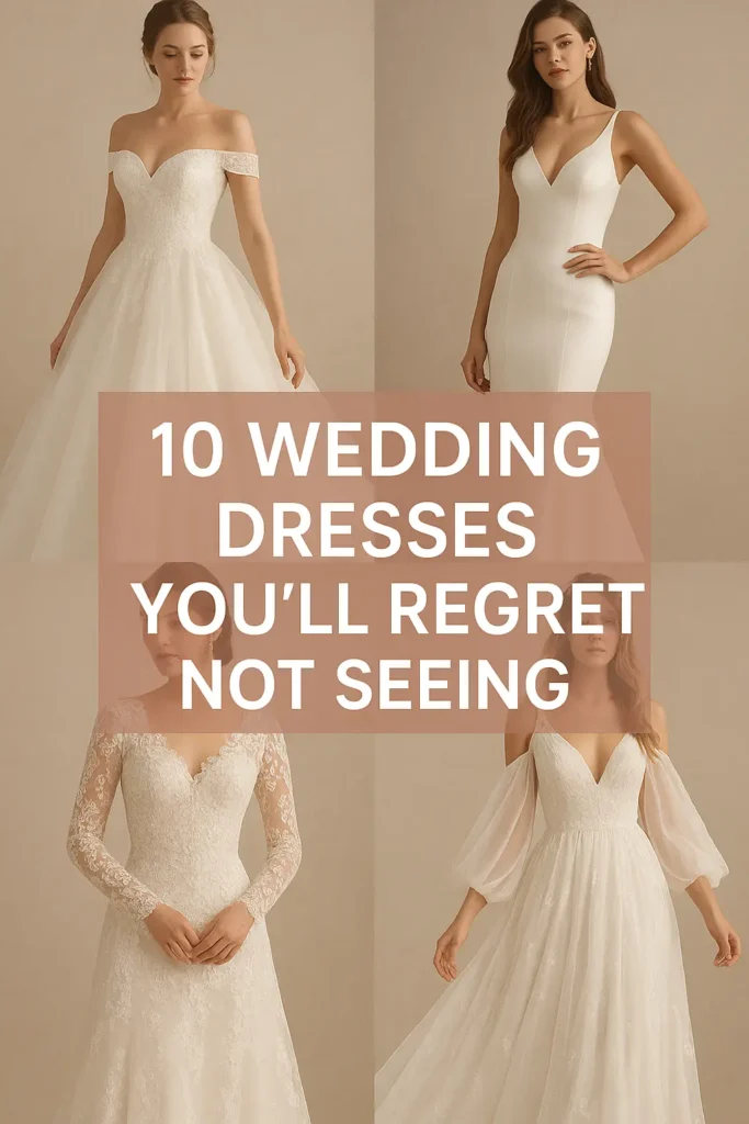 10 Wedding Dresses You’ll Regret Not Seeing.
A collage of four elegant wedding dresses, showcasing ball gown, mermaid, lace, and off-the-shoulder styles, with the text '10 Wedding Dresses You’ll Regret Not Seeing' in bold white font over a blush background.