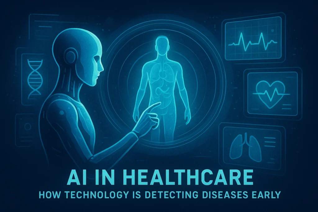 AI in Healthcare: How Technology is Detecting Diseases Early.
Futuristic AI illustration scanning a human body with holographic health data, representing artificial intelligence in early disease detection.