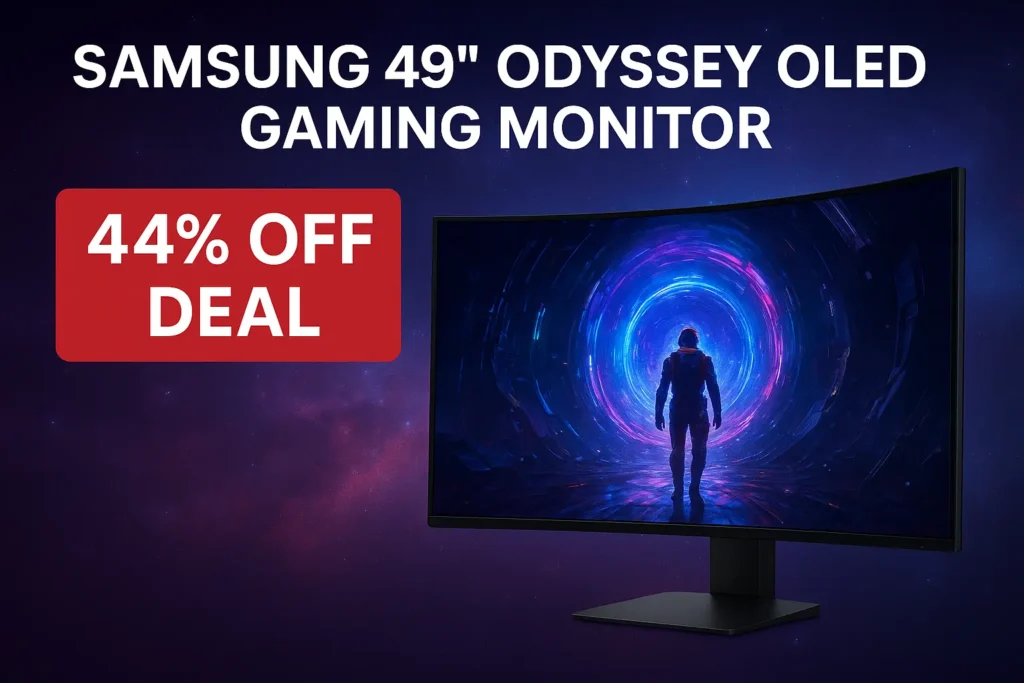 Samsung 49" Odyssey OLED Gaming Monitor with curved QD-OLED display, futuristic sci-fi visuals, and 44% off Amazon deal promotion.