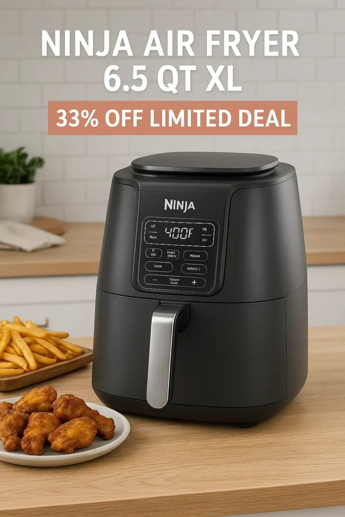 Ninja Air Fryer 6.5 QT XL on kitchen counter with fries and wings – 33% Off Limited Deal on Amazon