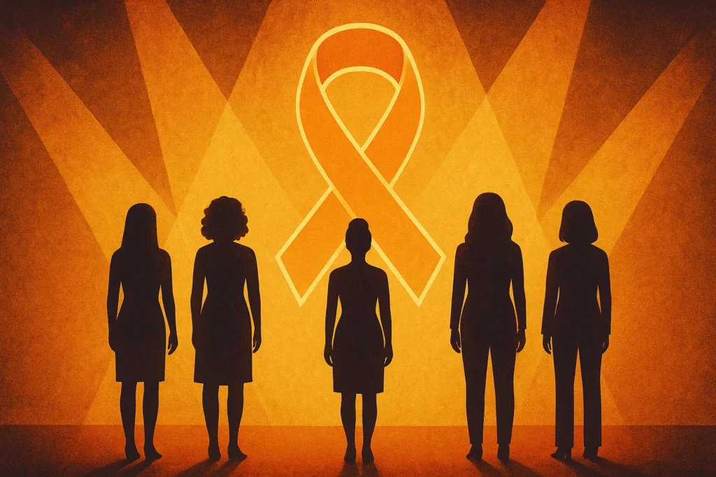 5 Celebrities Raising Awareness About Women’s Health. Illustration of five female silhouettes with a glowing awareness ribbon, representing celebrities raising awareness about women’s health.