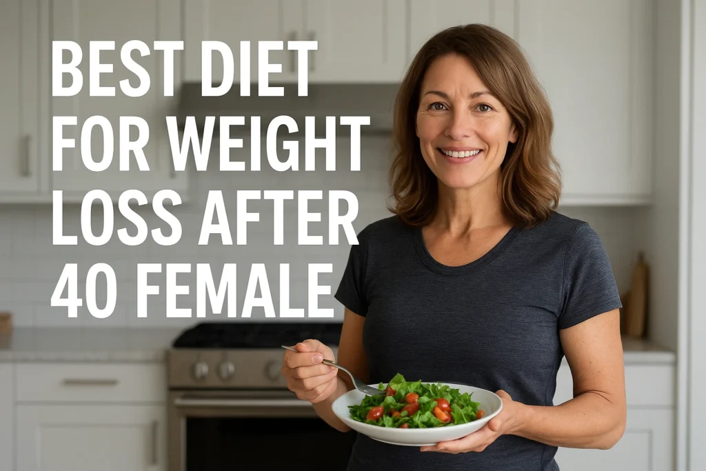 Best Diet for Weight Loss After 40 Female, Smiling woman in her 40s holding a fresh salad in a bright kitchen; overlay text reads “Best Diet for Weight Loss After 40 Female”; healthy aging, protein, greens.