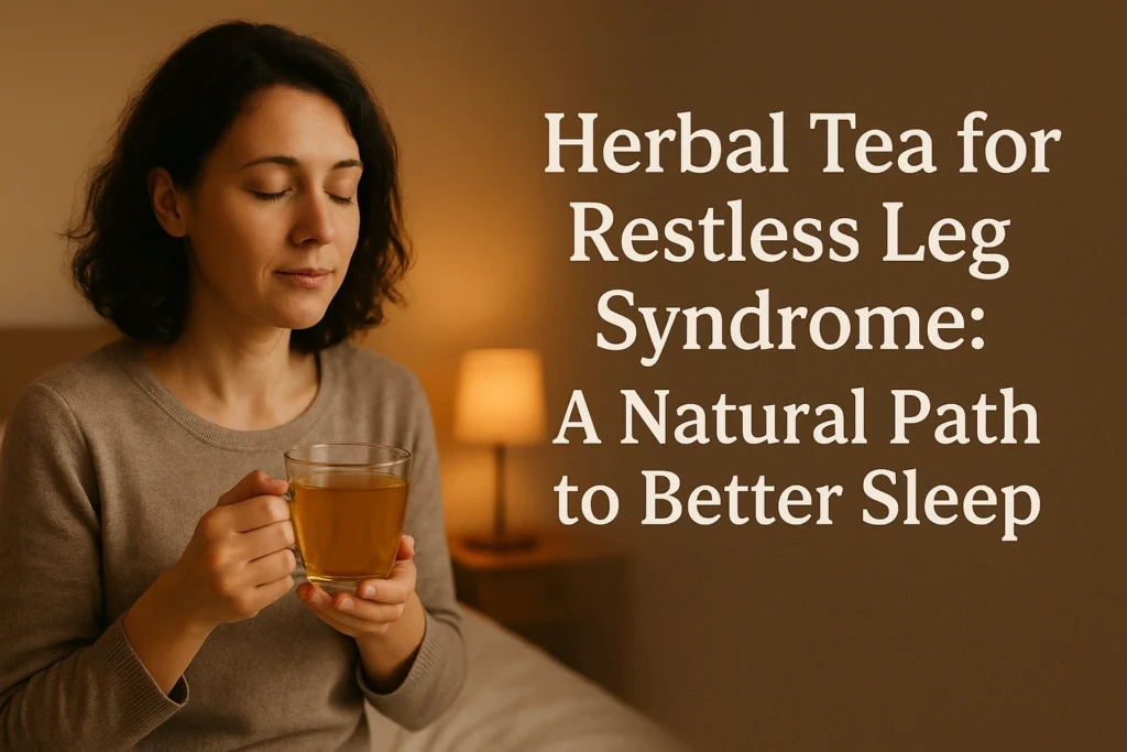 A relaxed woman enjoying a cup of herbal tea for RLS before bedtime, promoting natural relief for restless legs and better sleep quality