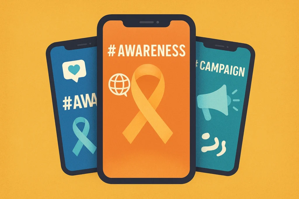 Top Social Media Campaigns That Changed Awareness Culture, Illustration of smartphones with hashtags, awareness ribbons, and global community icons, representing social media campaigns that changed awareness culture