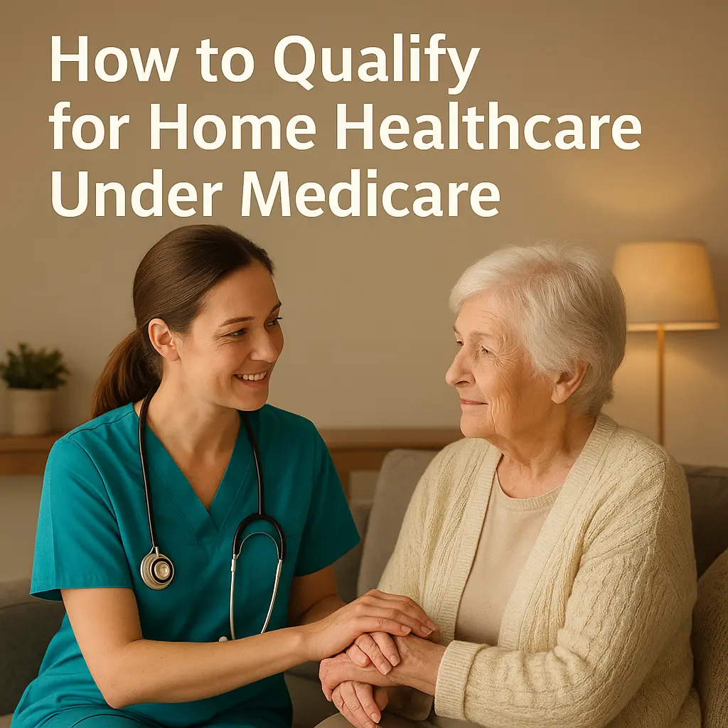 A comforting image of a nurse providing care to an elderly patient at home under Medicare coverage. The nurse is assisting with therapy in a cozy home environment, symbolizing the benefits of Medicare home healthcare.