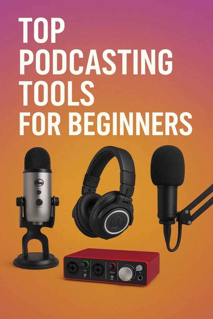 Featured image showing top podcasting tools for beginners including a Blue Yeti microphone, Audio-Technica headphones, a Focusrite Scarlett audio interface, and a condenser microphone with pop filter, set against a purple-orange gradient background with the title “Top Podcasting Tools for Beginners” in bold white text.