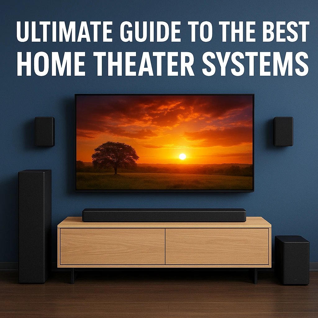 Modern home theater system setup with large flat-screen TV, soundbar, subwoofer, and surround speakers on a dark blue wall, illustrating the ultimate guide to the best home theater systems with Dolby Atmos and surround sound.