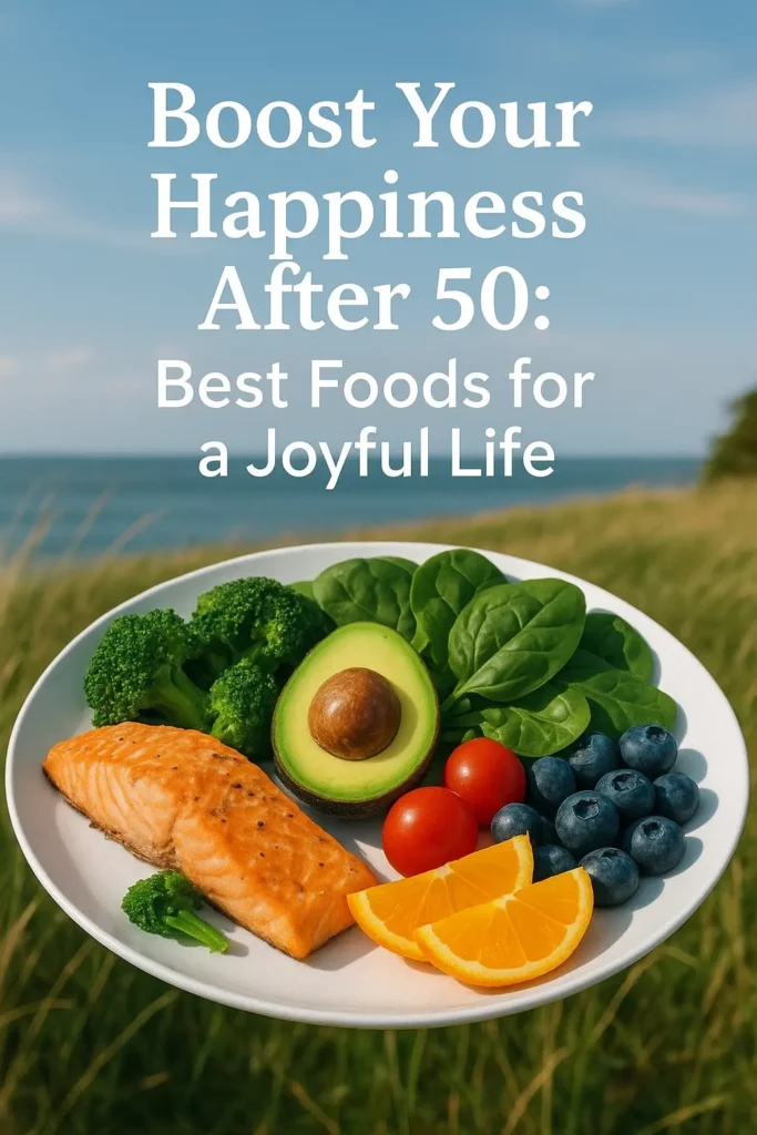Healthy foods to boost happiness after 50 – fish, fruits, and vegetables for improved mood and well-being.
