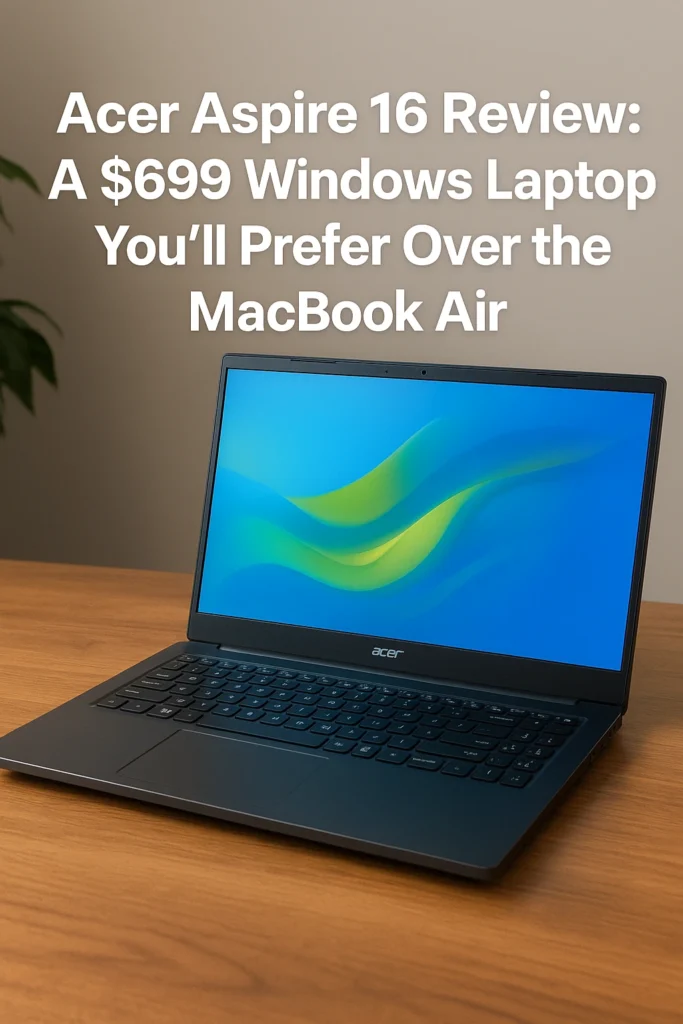 Acer Aspire 16 laptop on a wooden desk with its sleek design, sharp 16-inch display, and clean keyboard, showcasing why it’s a $699 Windows laptop rivaling the MacBook Air.