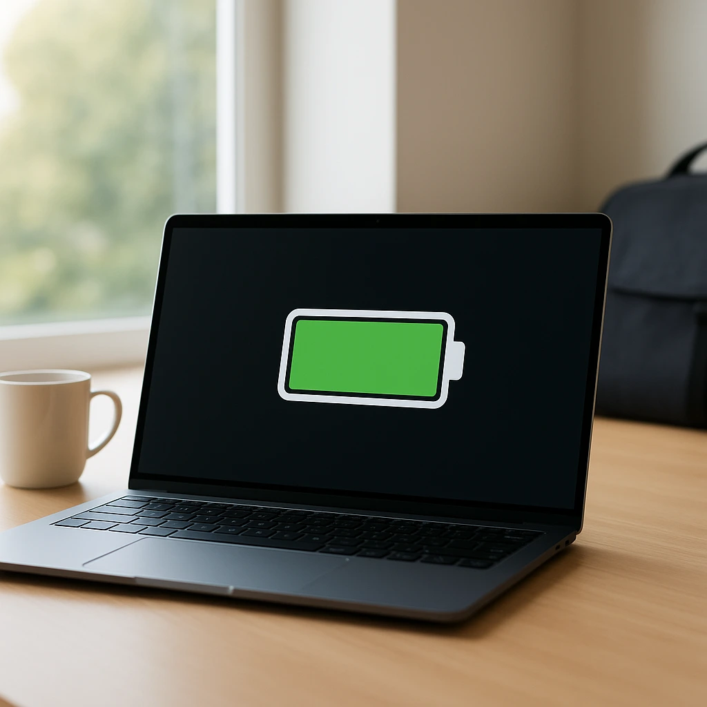 Laptop displaying long battery life on screen, representing best laptops for battery life and endurance