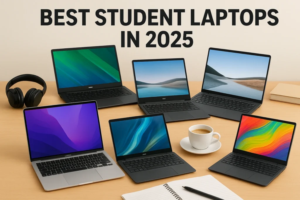 Best student laptops in 2025 – MacBook Air, Dell XPS 13, Acer Aspire, Surface Laptop Go, and Lenovo IdeaPad on a student study desk