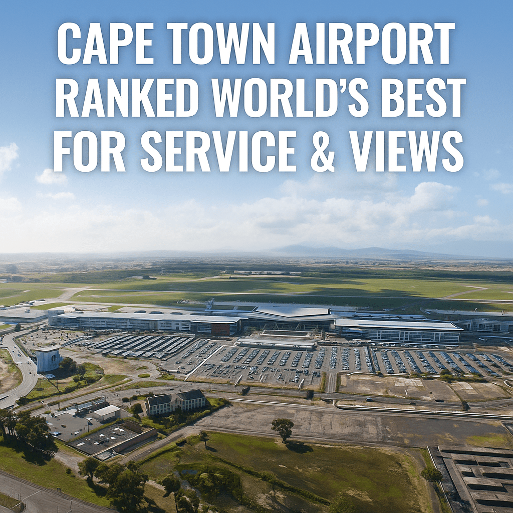 A high-resolution aerial view of Cape Town International Airport, named the world’s best airport for punctuality, service, and amenities, with spectacular mountain views in the background.