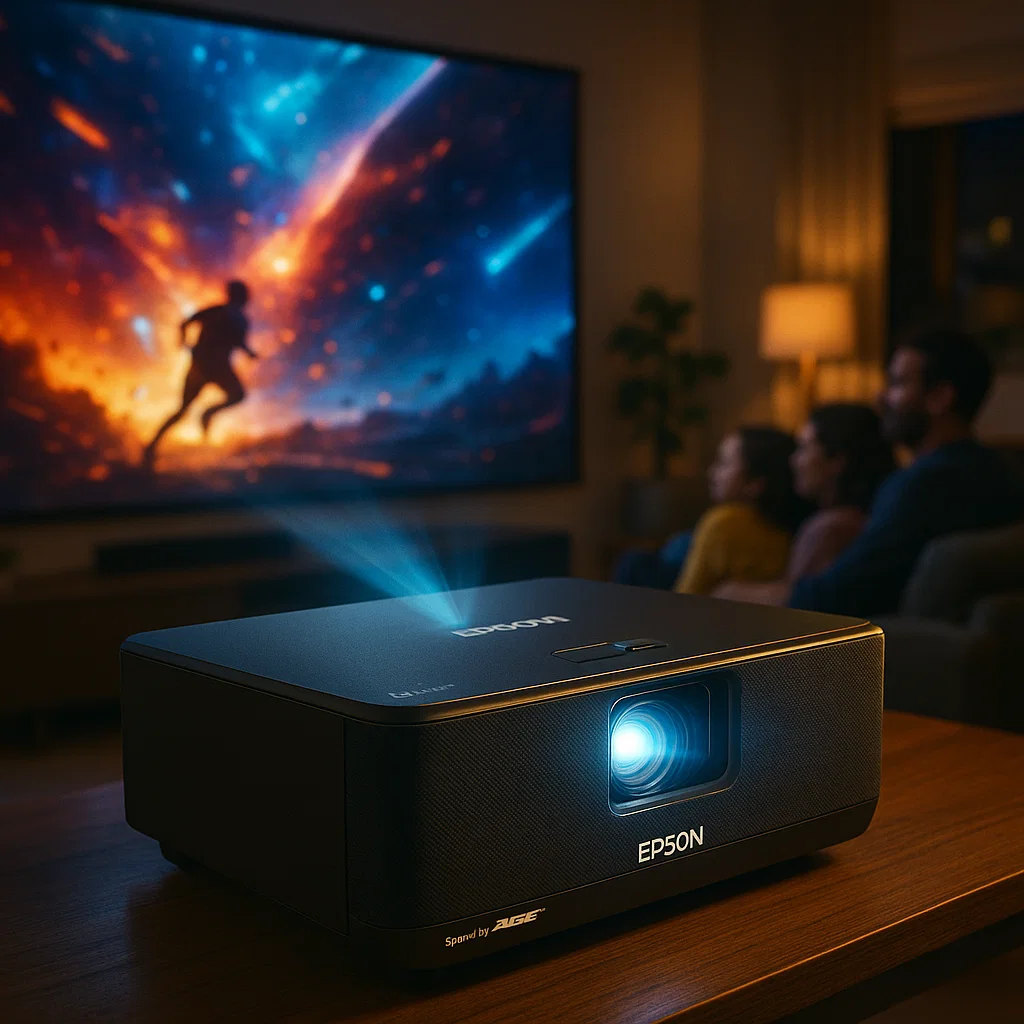 Epson Lifestudio Projectors featuring Sound by Bose technology, projecting vibrant visuals and immersive sound for an enhanced home entertainment experience.