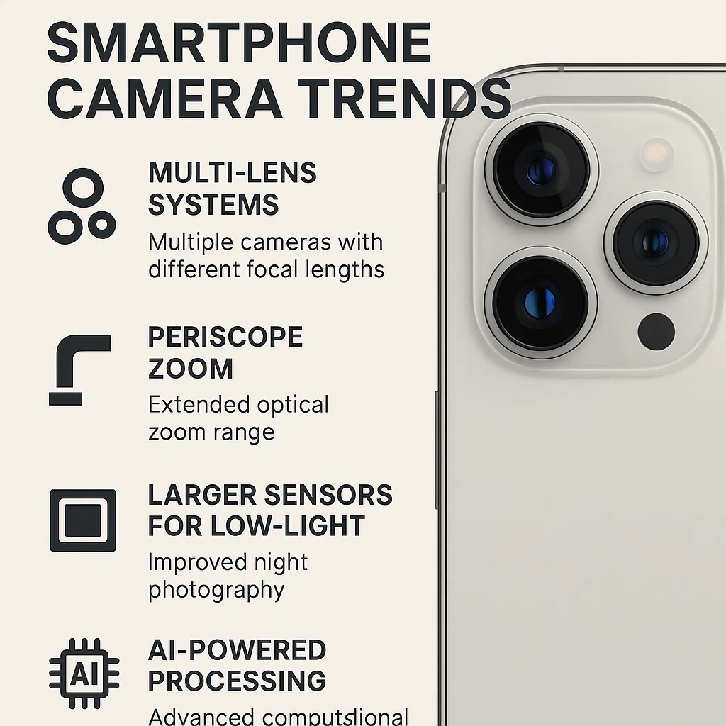 Infographic illustrating emerging smartphone optics trends, with a two-column layout. On the left, text descriptions of key trends including multi-lens systems, periscope zoom, larger sensors for low-light, and AI-powered image processing. On the right, a modern smartphone camera module with multiple lenses representing each of these trends.