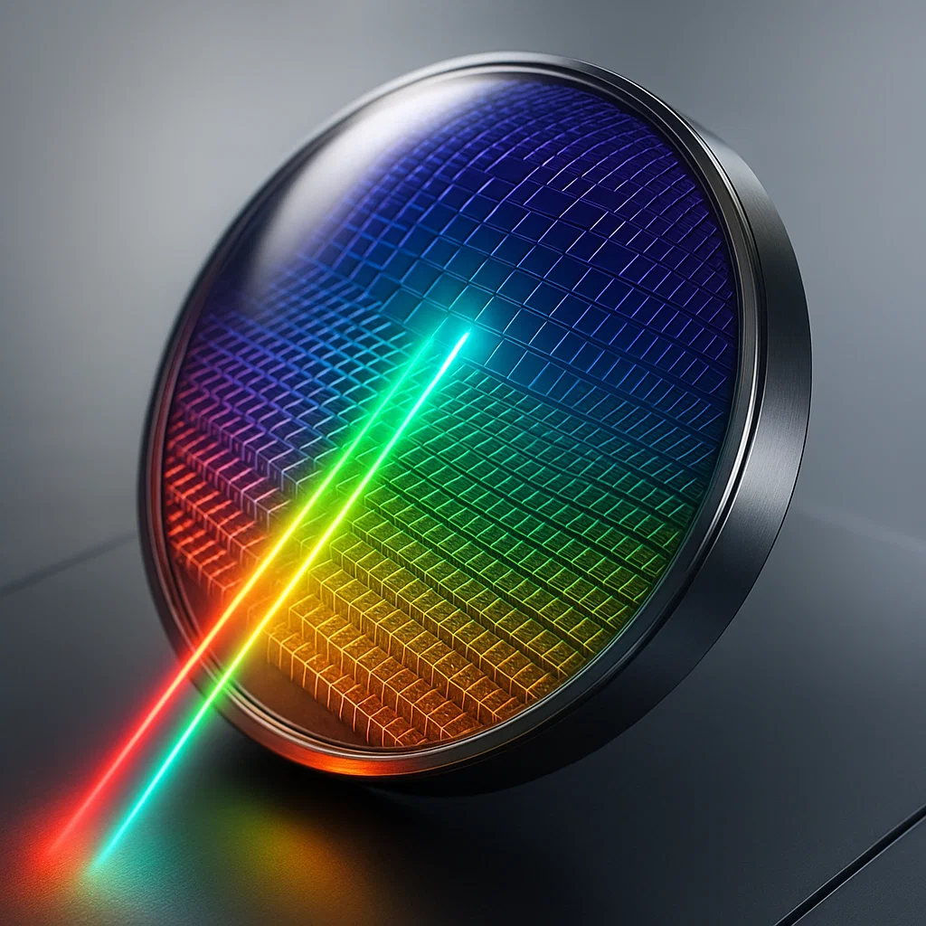 Close-up of a Multicolor Metalenses, showcasing multiple layers of metamaterials and focused light, symbolizing the future of portable optics for drones and smartphones.