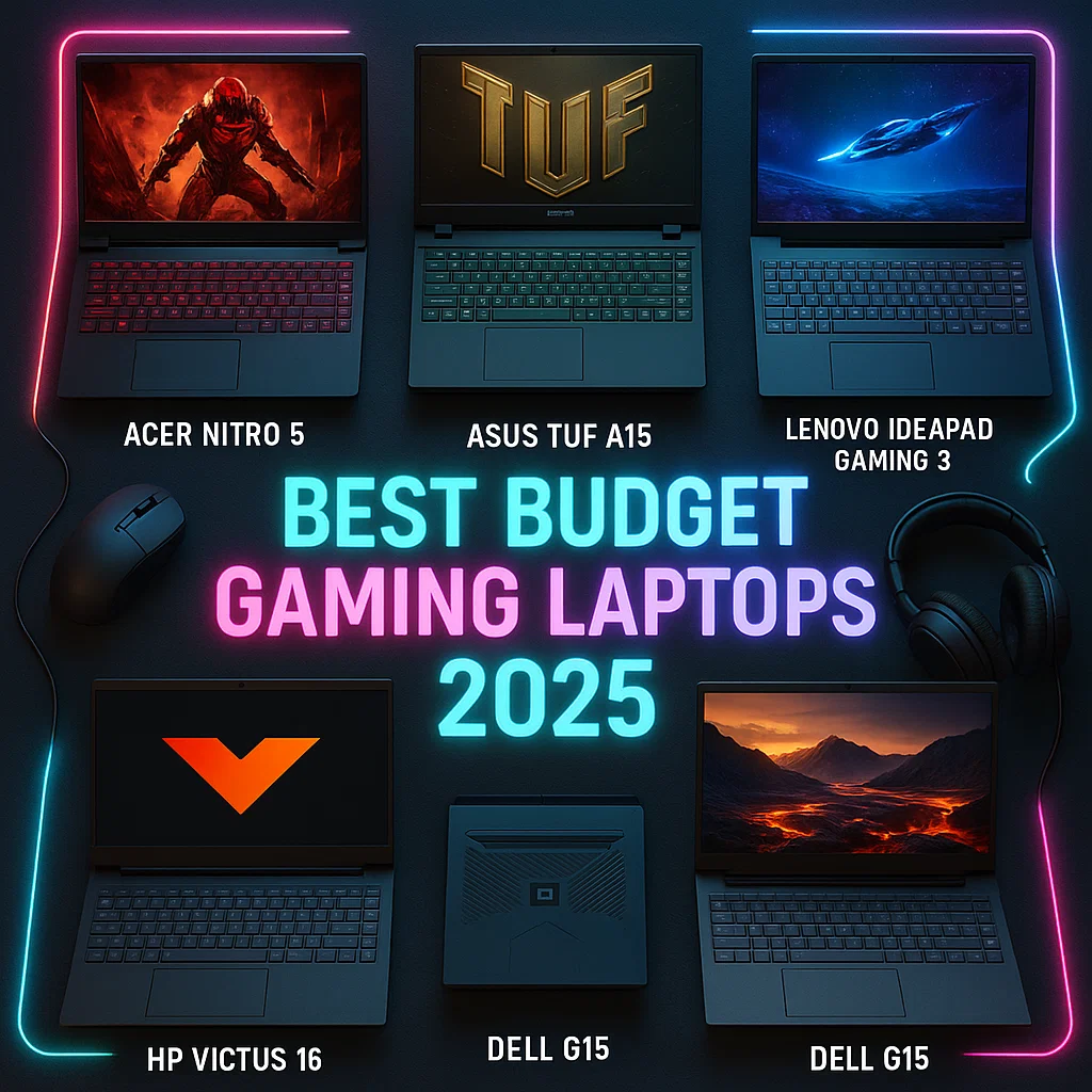 Best budget gaming laptops 2025 — Acer Nitro 5, ASUS TUF A15, Lenovo IdeaPad Gaming 3, HP Victus 16, and Dell G15 displayed with RGB gaming setup.