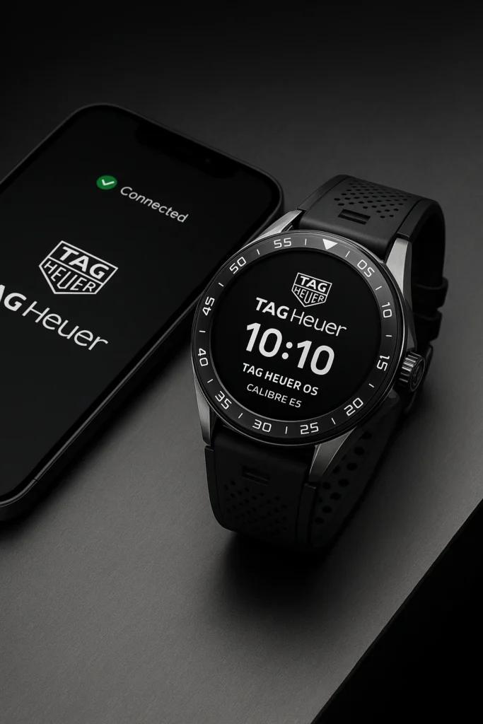 Close-up of the TAG Heuer Connected Calibre E5 luxury smartwatch on a table next to an iPhone, highlighting the 'Made for iPhone' certification and deep iOS integration.