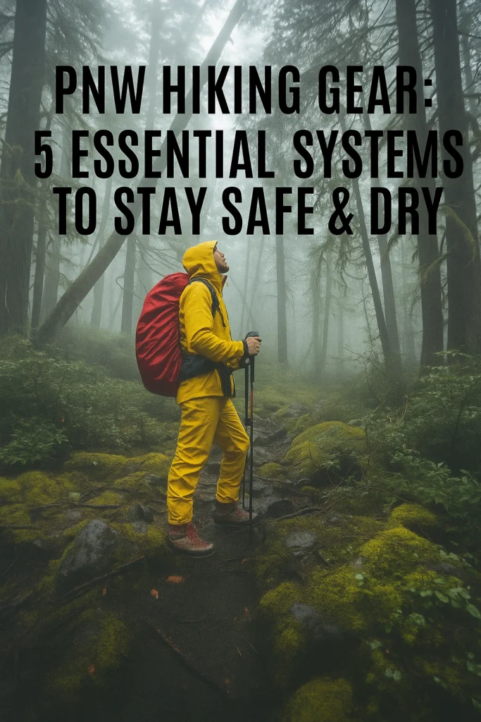 Essential PNW hiking gear for a wet trail: Hiker in bright best rain gear and waterproof hiking boots navigating a foggy, mossy Pacific Northwest rainforest path.