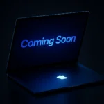 M5 MacBook Pro with rumored new deep blue color option teased in a 'V' shape, highlighting the coming M5 chip performance.