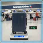 American Airlines checked bag cost graphic showing a dark-blue suitcase on a scale at 49.8 lbs (22.6 kg) in the AA check-in area to demonstrate avoiding the overweight bag charge American Airlines and managing baggage fees.