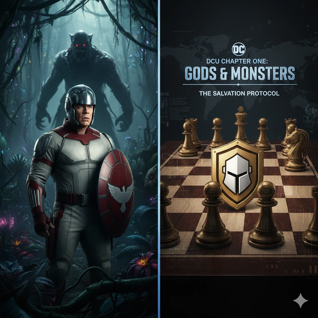 Peacemaker 2 ending explained image showing Chris Smith on the prison planet Salvation and the logo for the newly formed Checkmate TV show which is central to DCU Chapter One and future James Gunn DCU plans.