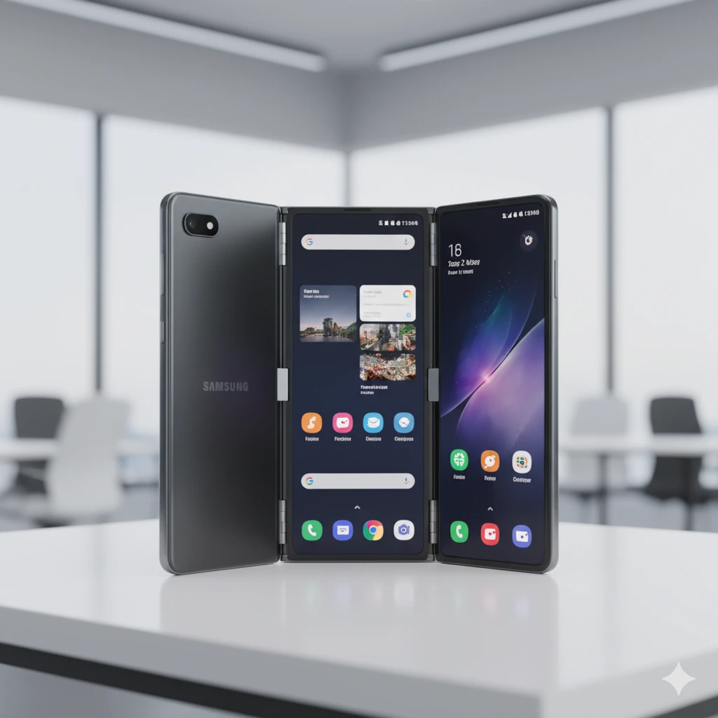 A rendered view of the Samsung tri-fold Galaxy Z Trifold showing its dual-hinge design and the placement of three separate batteries for maximum foldable smartphone power and longevity.