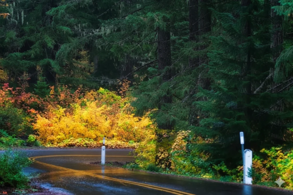 Fall colors brilliantly contrast the heavily wooded forest lining Highway 242 on the McKenzie and Santiam Pass Scenic Byway in the Cascade Mountain Range.