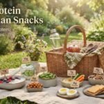 High-Protein Vegetarian Snacks Under 200 Calories featured image showing Greek yogurt, cottage cheese, hummus, edamame, roasted chickpeas, nuts, boiled eggs, and whole-grain crackers at an outdoor picnic.